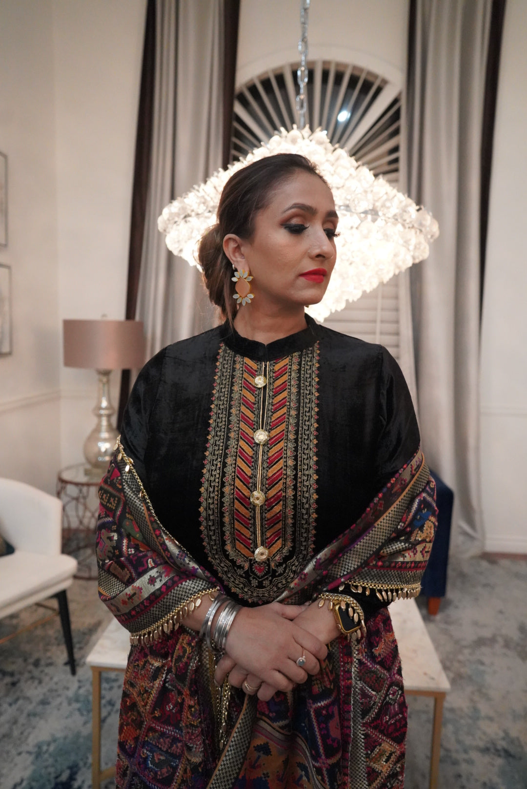 Pretty Kaur D Fashion & Beauty Black Straight fit Gota Patti Velvet Punjabi Suit with Hand Woven Dupatta 7