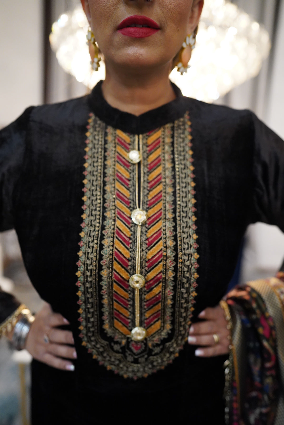Pretty Kaur D Fashion & Beauty Black Straight fit Gota Patti Velvet Punjabi Suit with Hand Woven Dupatta 10